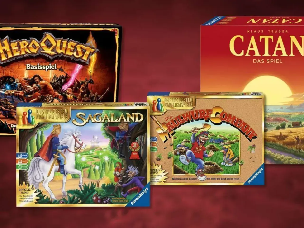 Brettspiele aus den 90ern: HeroQuest, Sagaland, Die Maulwurf Company und Catan. Nostalgische Spieleabende sind garantiert!