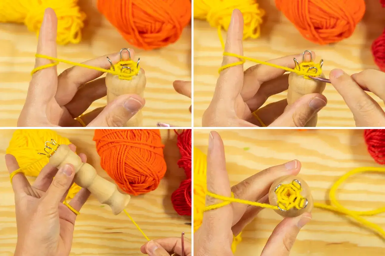 Schritt-für-Schritt-Anleitung zum Herstellen eines Strickliesel-Armbands mit gelbem Garn und einem Holz-Strickliesel.