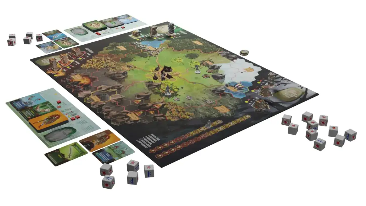 Fantasy Brettspiele: Ein Hexfeld-Spielbrett mit Figuren, W&uuml;rfeln und Karten. Ein episches Abenteuer wartet!