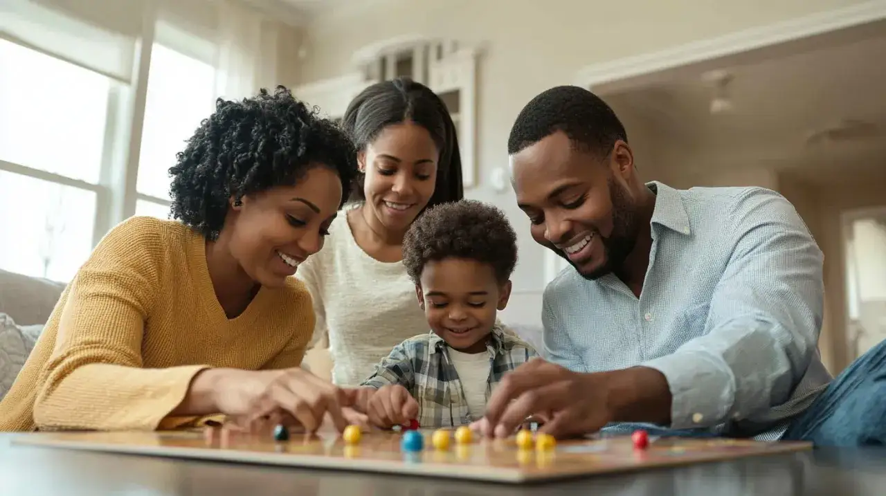 Eine Familie spielt gemeinsam ein kooperatives Brettspiel. Alle lachen und haben Spaß.