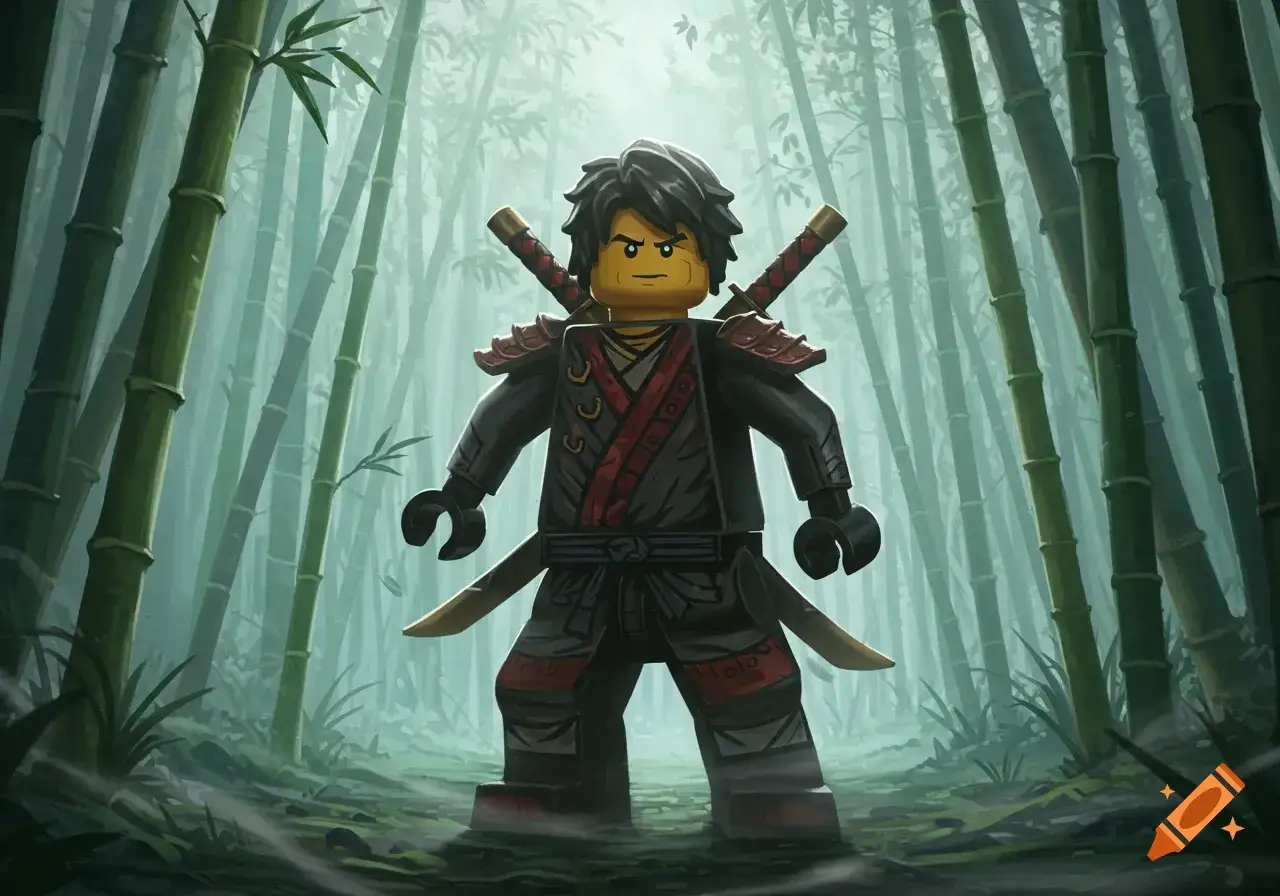 Ein Ninjago Charakter steht entschlossen in einem nebligen Bambuswald. Seine Schwerter sind gezogen, bereit für den Kampf.