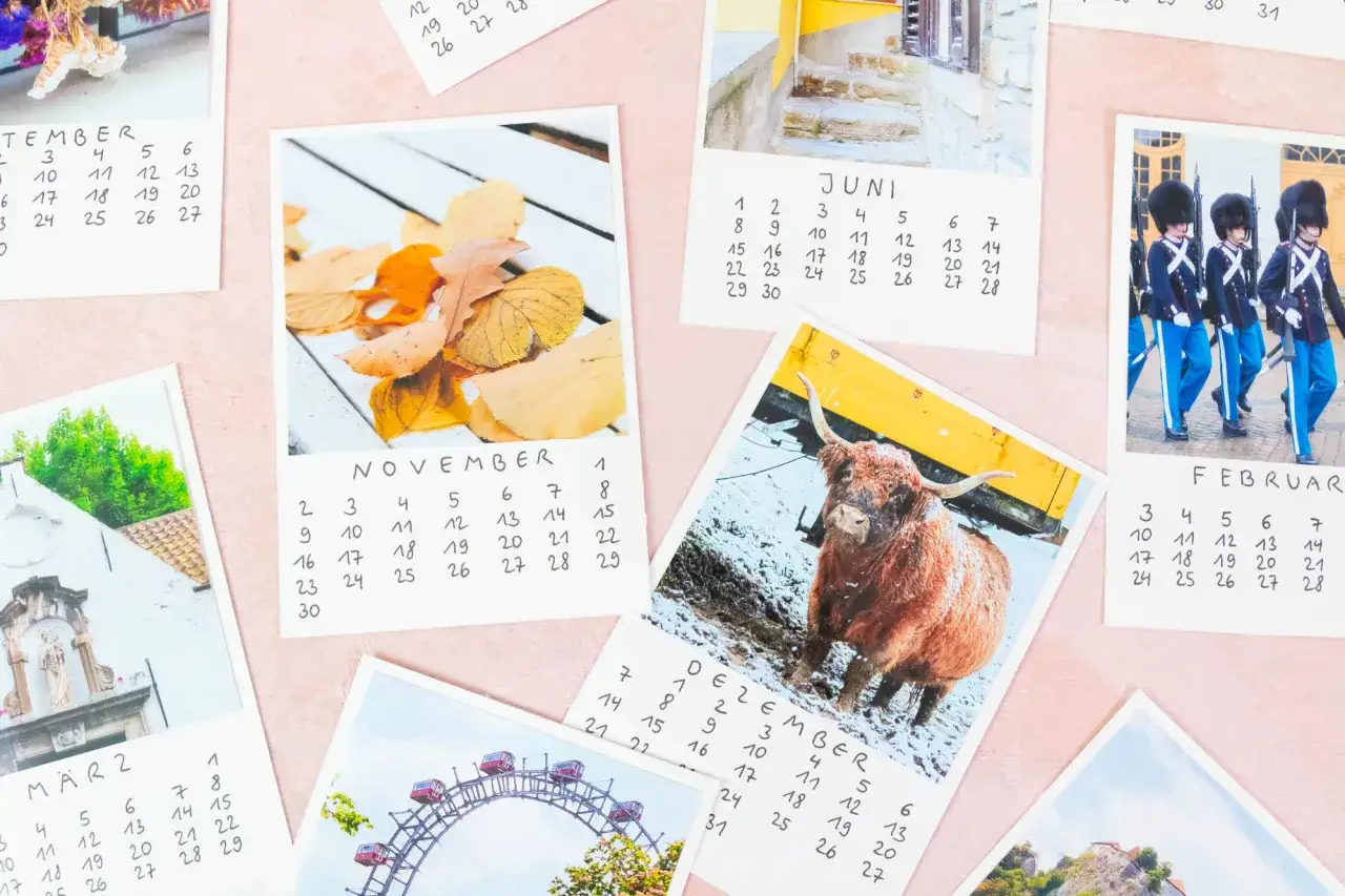 Ein fotokalender selber basteln mit Bildern von Novemberlaub, einem schottischen Hochlandrind, Wachsoldaten und mehr.