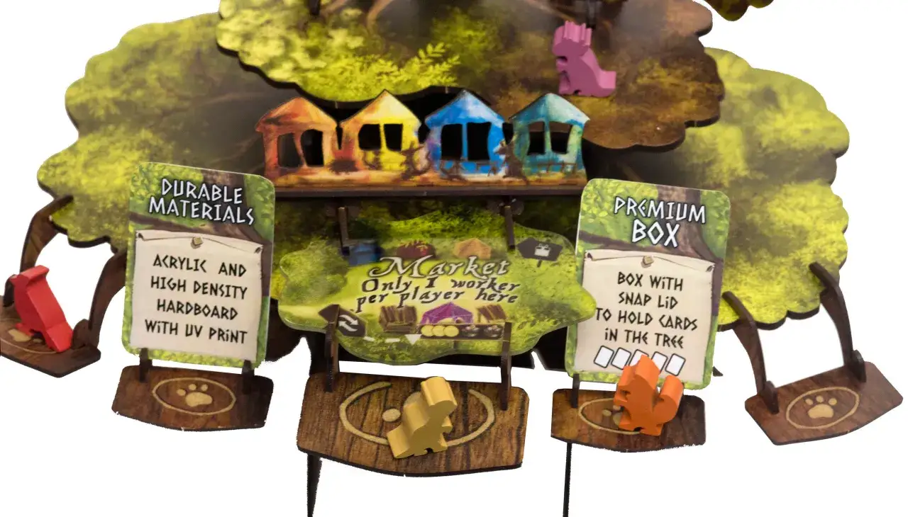 Everdell Spiel des Jahres: bunte Häuser, Holzfiguren und Spielmaterialien auf einem Baum.