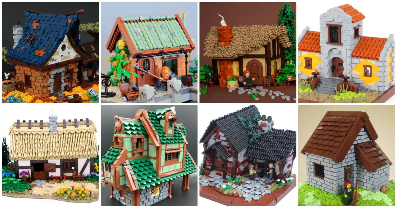 Acht detailreiche Lego MOC Technic H&auml;user, von rustikal bis detailverliebt, mit Minifiguren und Umgebung.