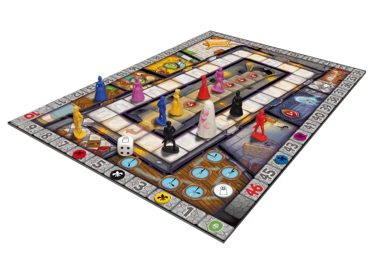 Buntes Brettspiel mit Geisterfiguren und Würfel. Ein Spieler versucht, im